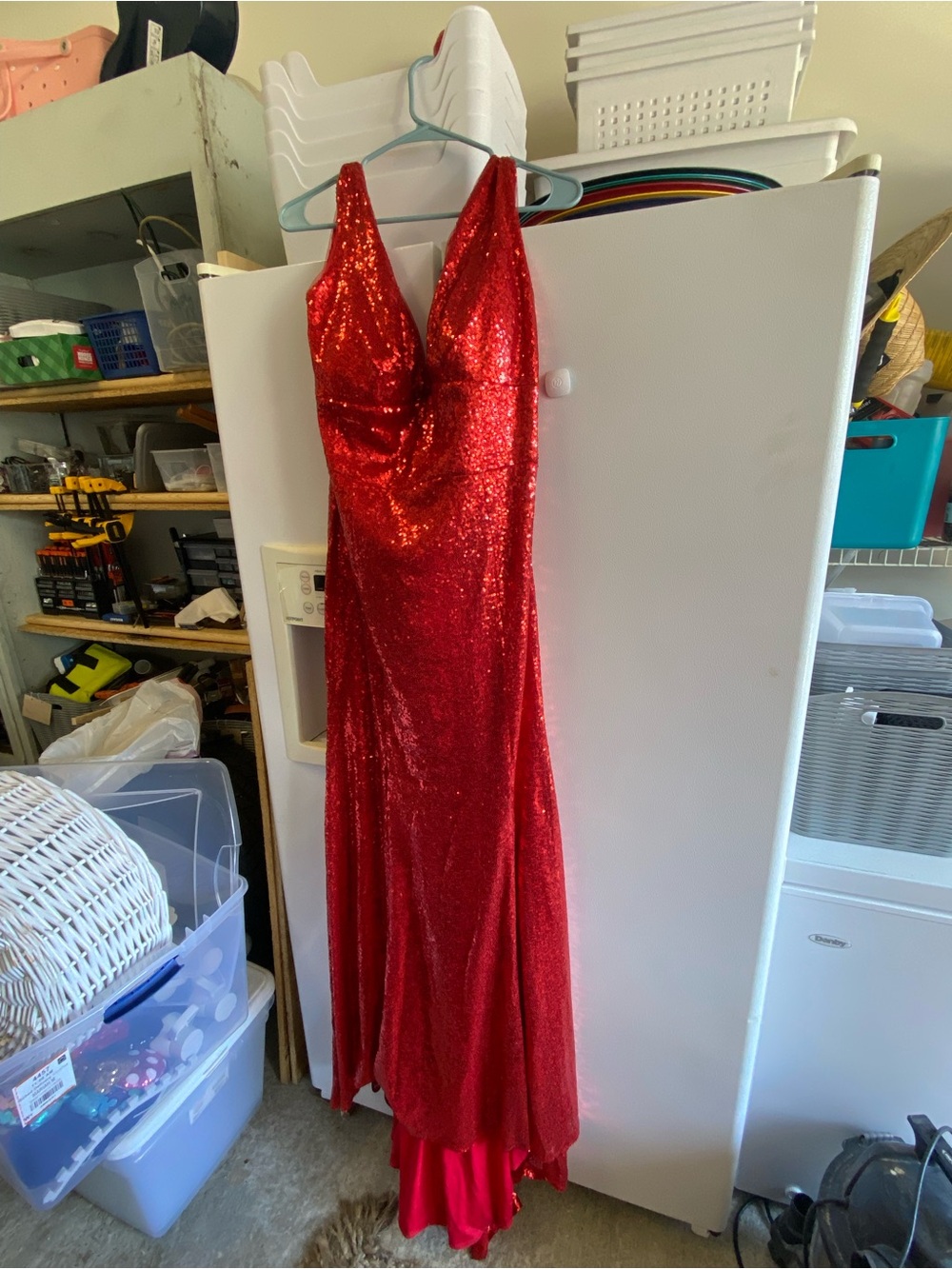 Red Sequin V-Neck Prom Dress